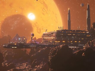Vision of the Cosmos: An artistic impression of a futuristic space station on a distant planet, against a backdrop of an expansive celestial environment.