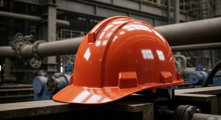 Fototapeta premium Orange hard hat in industrial factory. Safety helmet representing worker protection, engineering labor, and equipment security in a manufacturing environment.