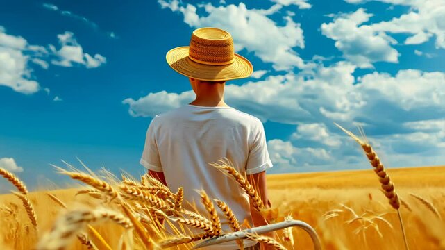 Harvest Dreamer: A farmer, hat casting a shadow, stands in a golden wheat field under a vast blue sky, embodying rural serenity and the promise of abundance. 