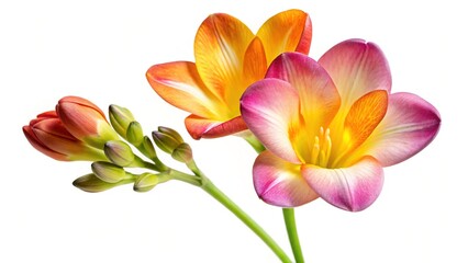 Naklejka premium Elegant Freesia Blooms in Orange, Pink, and Yellow against a White Background