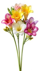 Obraz premium Beautiful bouquet of colorful freesias on a clean white background display