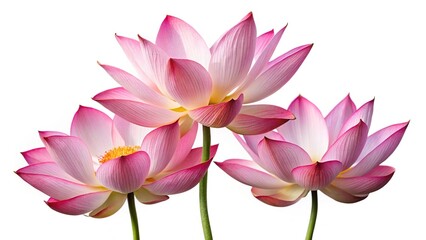 Fototapeta premium Three pink lotus flowers with stems isolated on white background art