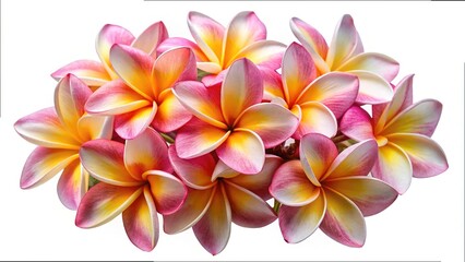 Obraz premium Elegant Cluster of Pink and Yellow Plumeria Blossoms on a White Background
