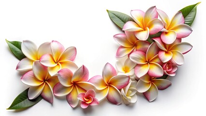 Obraz premium Elegant arrangement of pink, yellow, and white plumeria flowers on a white background