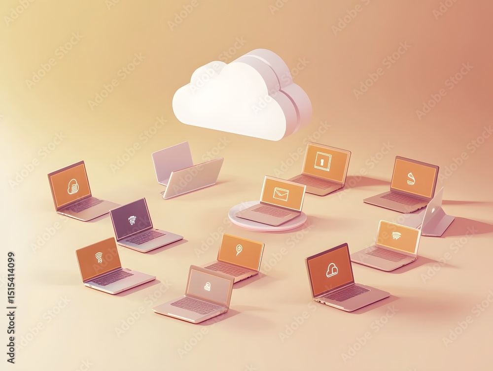 Poster cloud computing network: a network of laptops connected to a cloud server, symbolizing data sharing,