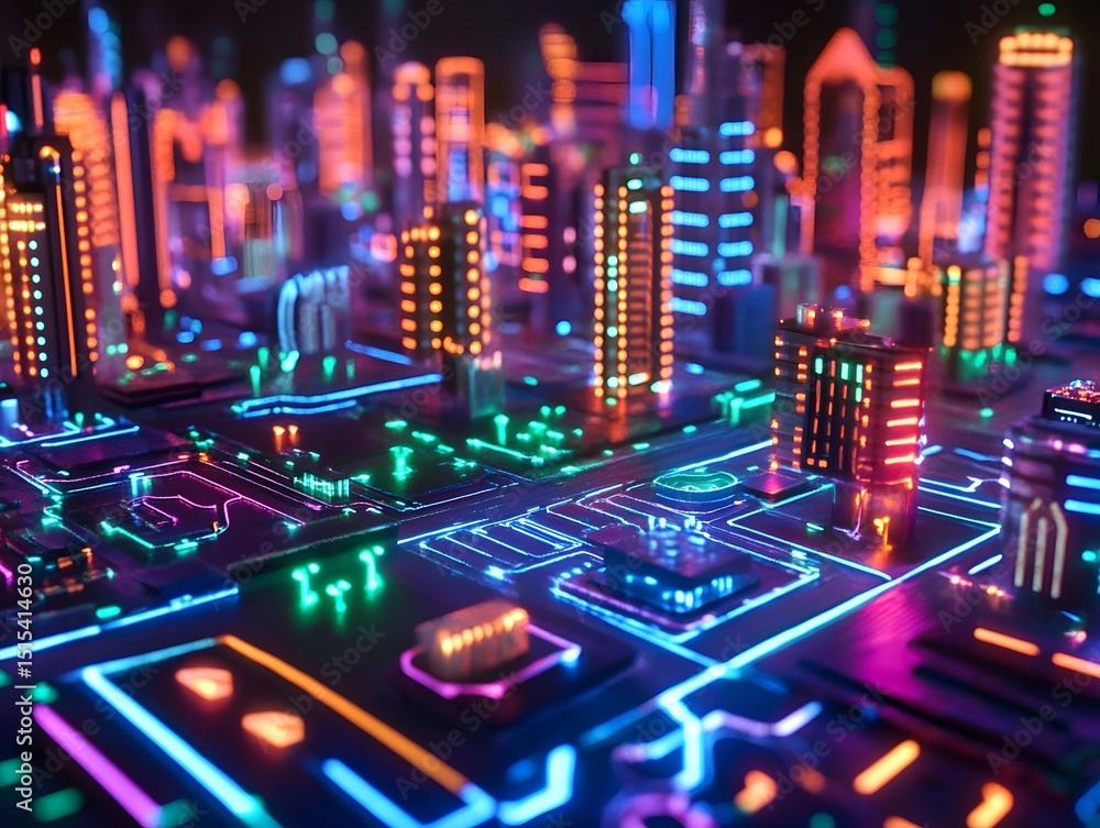 Poster digital cityscape: a futuristic metropolis pulses with neon lights and intricate circuit patterns. h