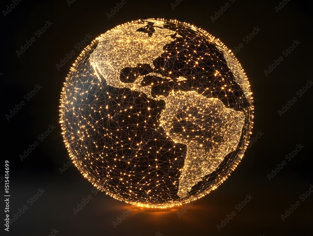 Poster digital earth: an ethereal representation of the globe, illuminated by a network of radiant lights t
