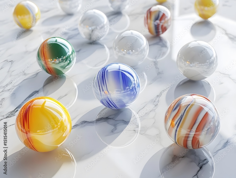 Poster playful orb serenade: a vibrant collection of polished glass orbs gleam upon a reflective surface, e