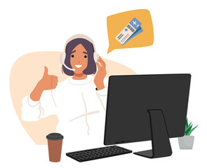 Woman tour operator in headset working at hotline to help customer in booking travel voyage