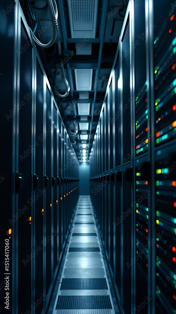 Poster a modern data center with rows of servers and network equipment vertical
