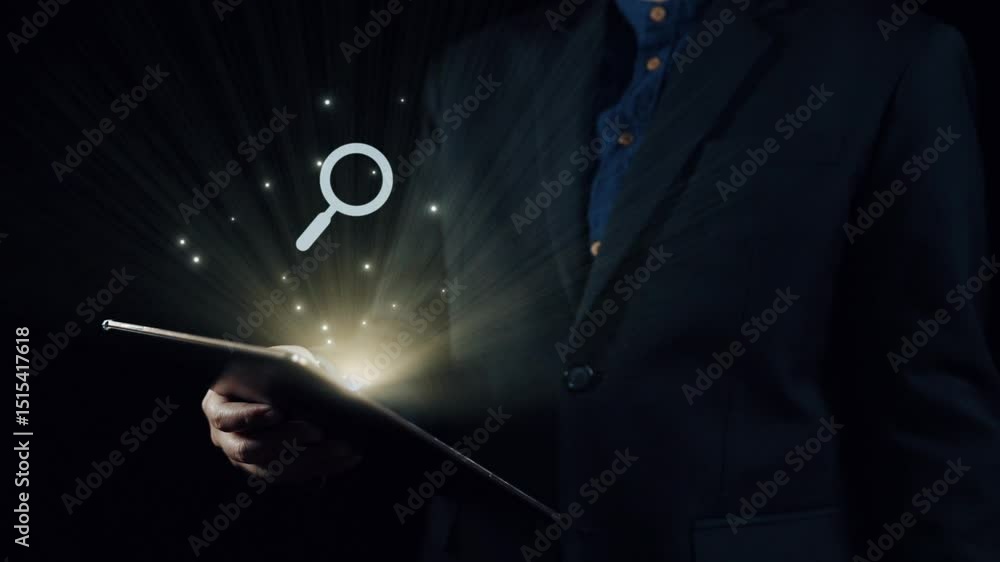 Poster business person conducts search engine research, extracting valuable data for strategic decisions. u