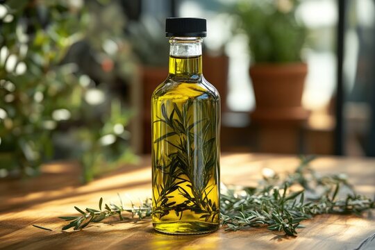 Gourmet oil: herbal aroma, Mediterranean tradition, golden extract, culinary accent, infused harmony, rich taste, exquisite essence, delicate seasoning, aromatic delight, premium ingredient. - Powered by Adobe