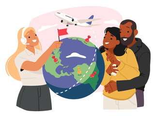 Woman travel agency agent offering exciting journey for happy couple on vacation cartoon scene