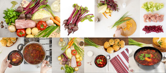 A culinary collage, from ingredients to a plate, a banner for advertising, the process of cooking Ukrainian borsch, various photos of a set of products. Stages of cooking borsch.