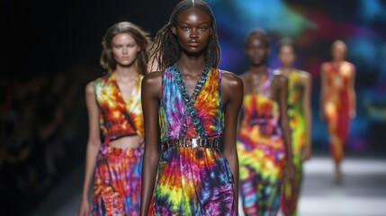 Naklejka premium Fashion Runway With Models In Modern Tie-Dye