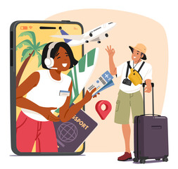 Woman travel agency agent providing professional service in tour organization support cartoon scene