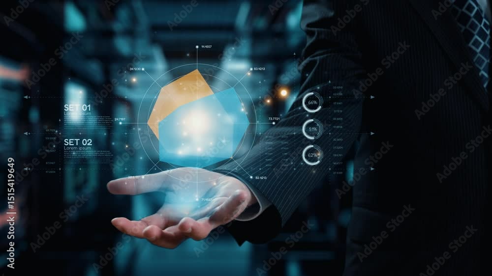 Poster a businessman holds a glowing digital interface that showcases data visualization and analytics in a