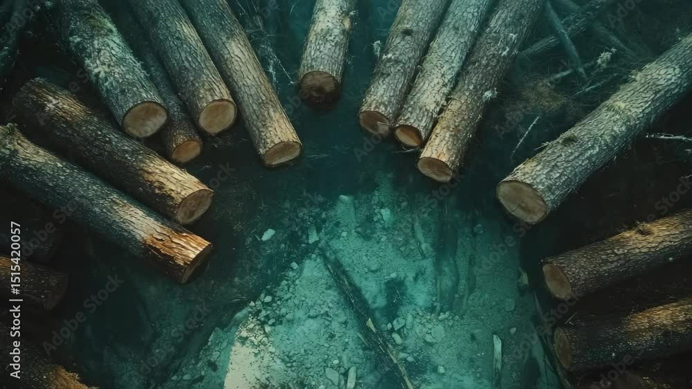 Poster a pile of logs is floating in a body of water. the logs are of different sizes and are scattered thr