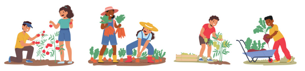 Happy children characters harvesting fruits and vegetables in garden cartoon scene isolated set