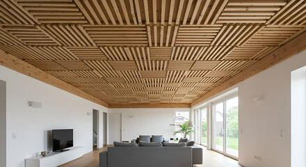 Slatted natural wood ceiling arranged warmth acoustic control to a contemporary space.