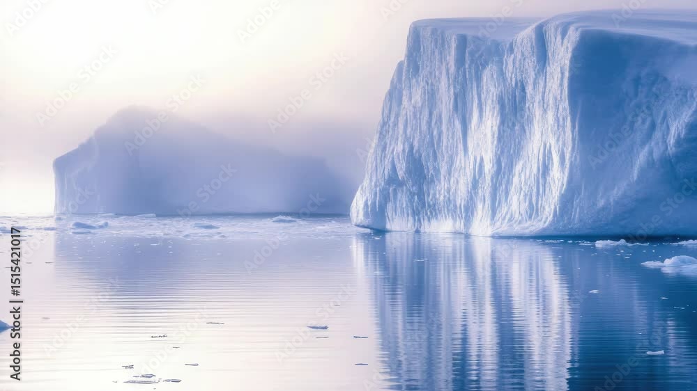 Poster a large ice block floating in the ocean. the ice block is surrounded by water and has a reflective s