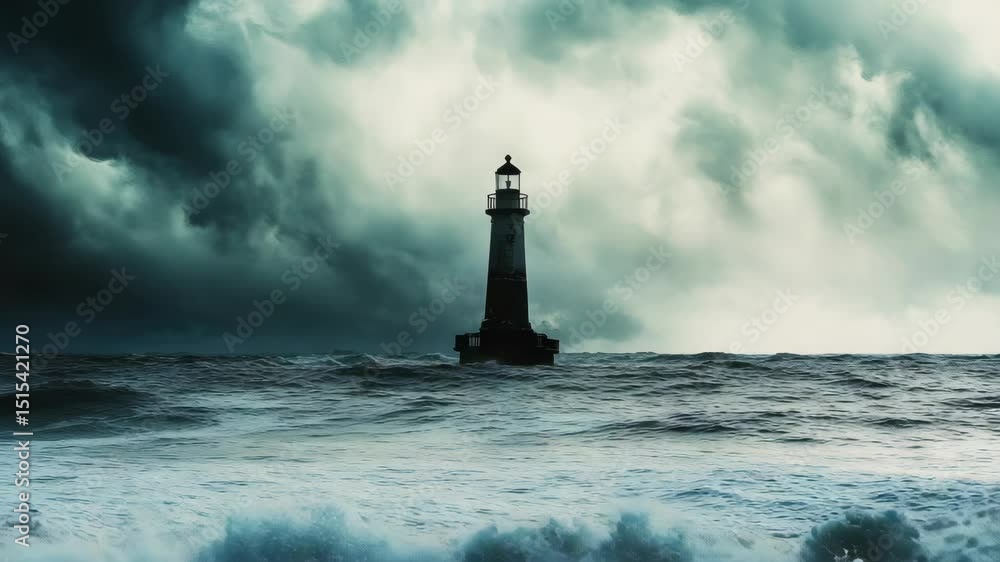 Poster a lighthouse is in the middle of a stormy sea. the waves are crashing against the rocks and the ligh