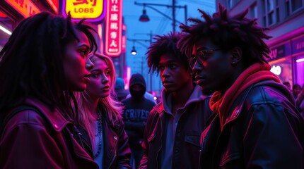A diverse group of young people converse intensely under neon lights on a bustling street