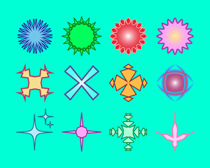 Set of striped geometric shapes, concentric circles, diamonds. Lines Design. Vector illustration. Equal periodic intervals.	