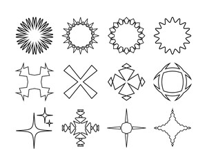 Radial circle lines. Symbol of Sun star rays.  Abstract geometric shapes. Set badges. Vector icon collections. 