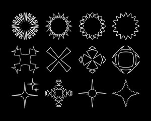 Radial circle lines. Symbol of Sun star rays.  Abstract geometric shapes. Set badges. Vector icon collections. 
