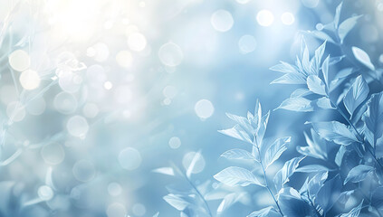 Blue leaves on a blurred background. Natural forest and botanical pattern with a light bokeh effect. Abstract natural background with space to copy.