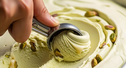 Decadent Pistachio Dream: Scooping Creamy Gelato with Roasted Nuts for a Gourmet Treat

