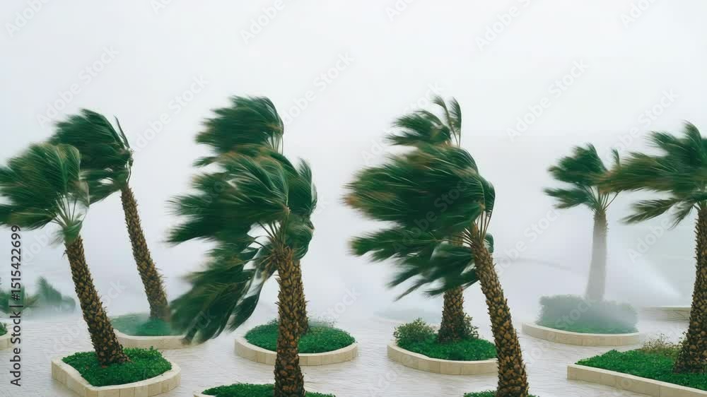 Poster a row of palm trees are blowing in the wind. the trees are bent and twisted, and the wind is strong.