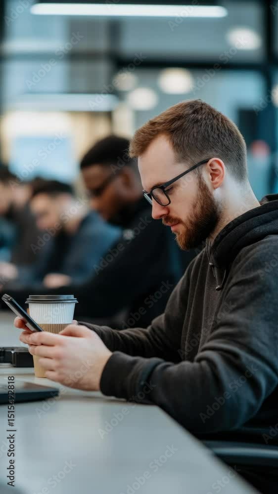 Poster a man is sitting at a table with a cell phone in his hand and a cup of coffee in front of him. he is