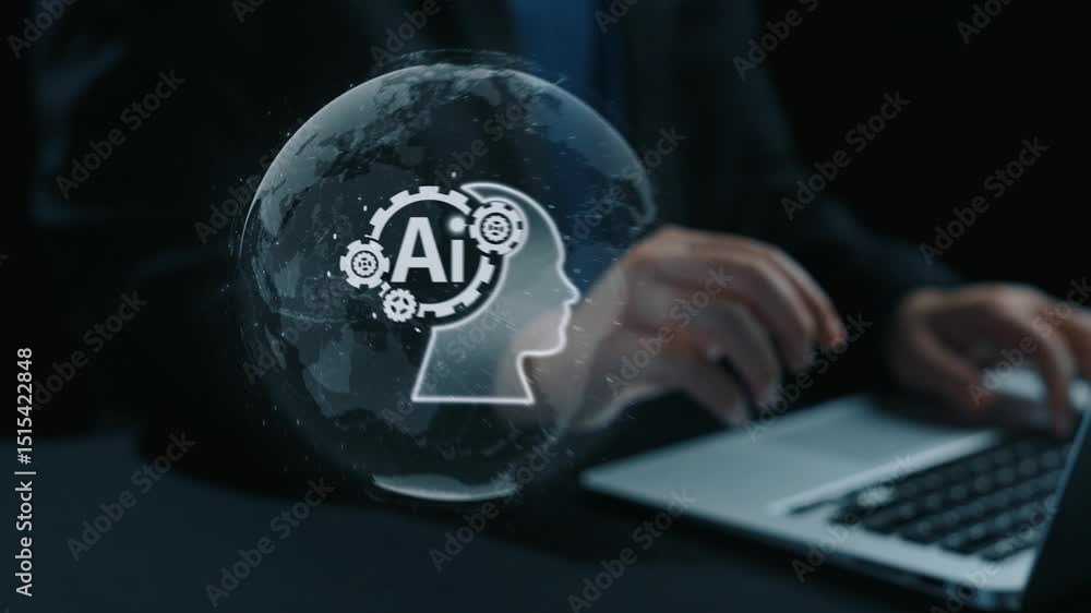 Poster human interact with ai artificial intelligence brain processor in concept of ai artificial intellige