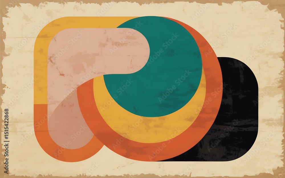 Poster abstract geometric design with overlapping shapes in muted retro color palette on beige background