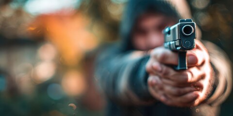 Threatening Criminal Pointing Gun with Blurred Face