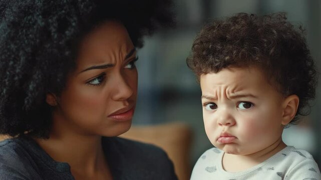 A woman is holding a baby and looking at it with a frown. The baby is looking back at the woman with a similar expression. The scene seems to be a moment of bonding between the two
