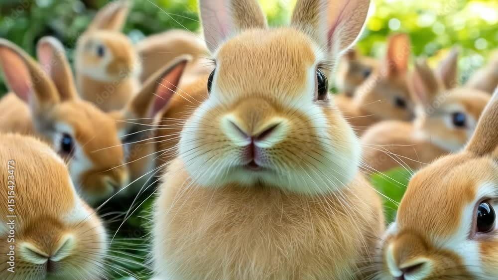 Poster a group of rabbits are standing in a field of green grass. one of the rabbits is looking directly at
