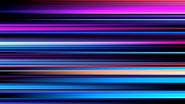 Glowing horizontal stripes in cool electric tones move at incredible speed. Modern technology concept, data flow, progress in motion. Digital highway of light flowing with intensity and motion. Vector