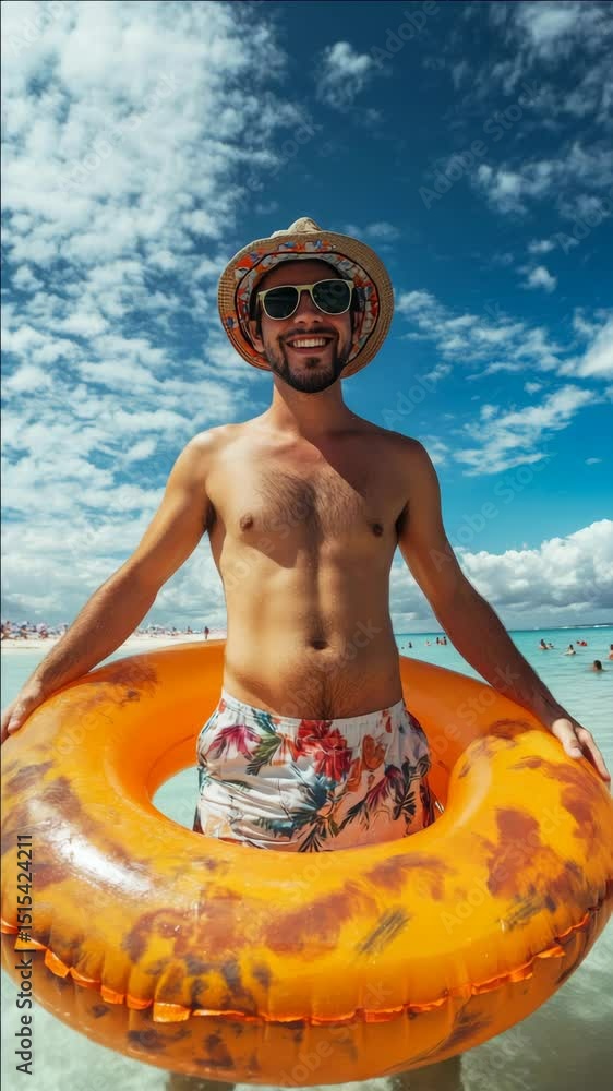 Poster a man is holding a large orange inflatable ring in the ocean. he is smiling and he is enjoying himse