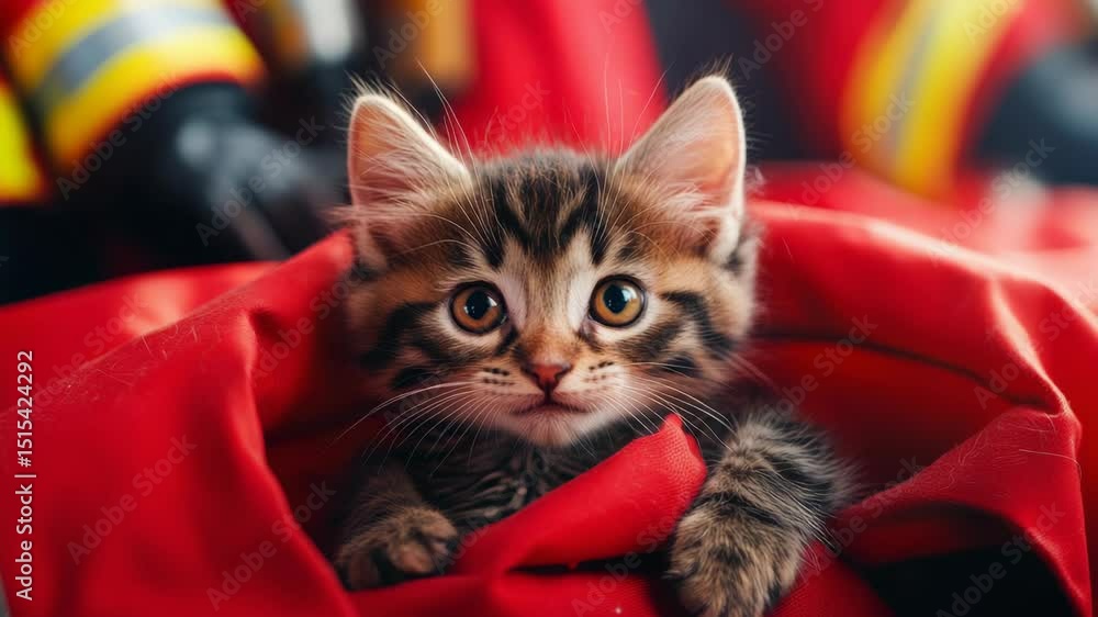 Poster a kitten is curled up in a red blanket. the kitten is looking up at the camera with a curious expres