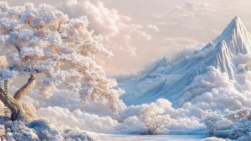 Poster a snowy mountain range with a tree in the foreground. the sky is cloudy and the mountains are covere