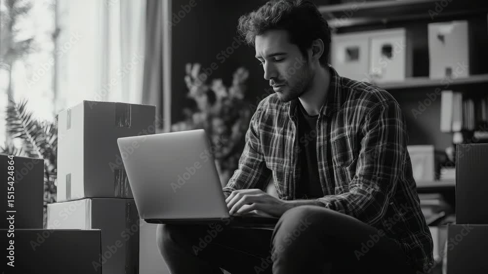 Poster a man is sitting on the floor with a laptop in front of him. he is focused on the screen and he is w