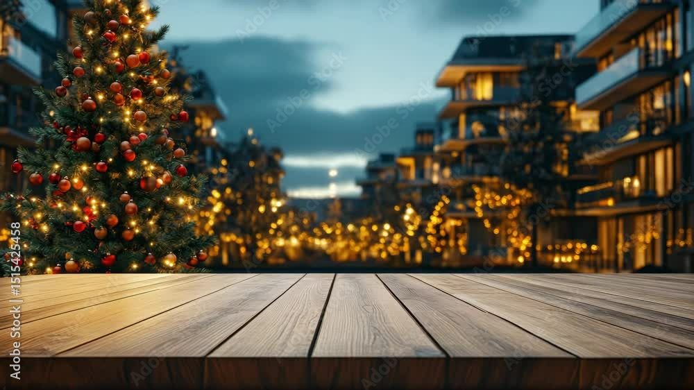 Poster a christmas tree with red balls on it is in front of a wooden table. the scene is set in a city with