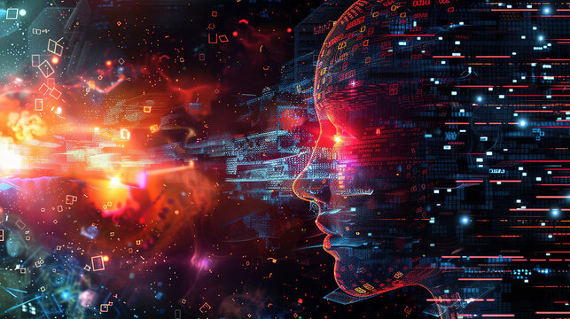 Abstract digital background featuring binary code and AI algorithms running in layers, symbolizing data processing, machine learning, and the complexity of artificial intelligence systems