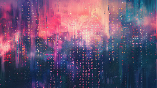 Abstract digital background featuring binary code and AI algorithms running in layers, symbolizing data processing, machine learning, and the complexity of artificial intelligence systems