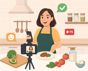 illustration of a food bloguer who is cooking with vegetables in a kitchent and she is filming the process