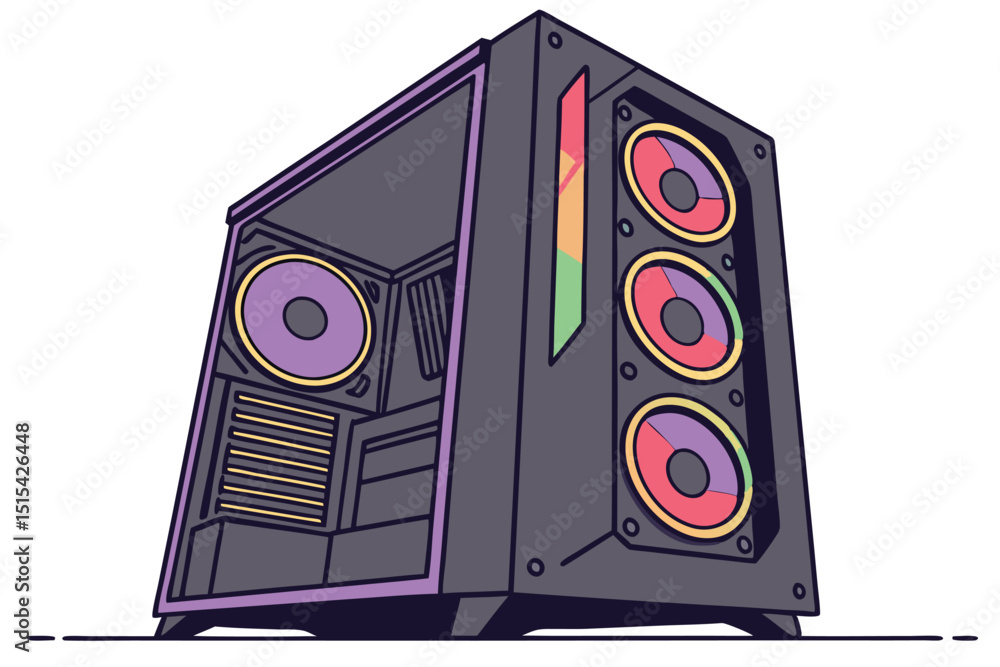 Poster vector illustration of a modern computer case with colorful lighting and cooling fan designed for ga