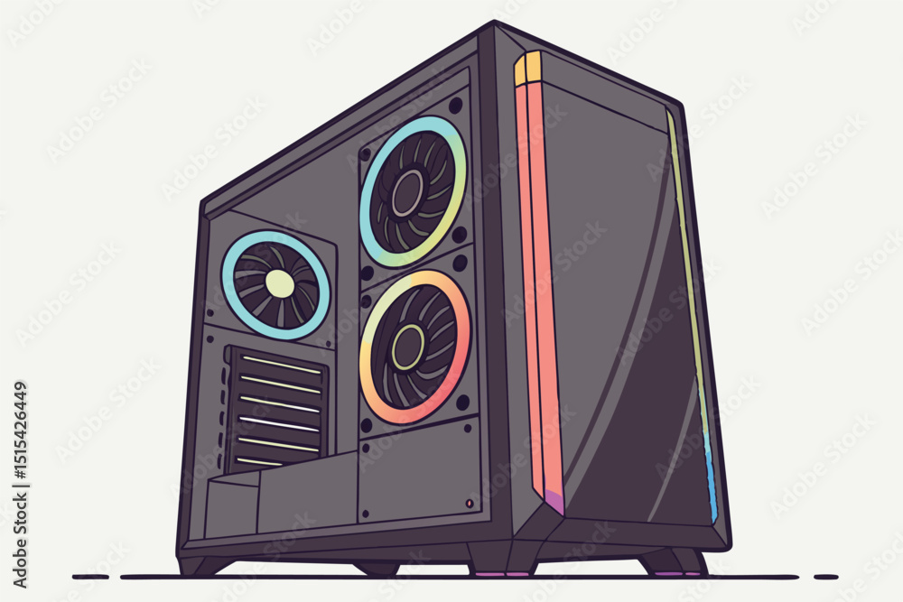 Poster vector illustration of a modern computer case with colorful lighting and cooling fan designed for ga